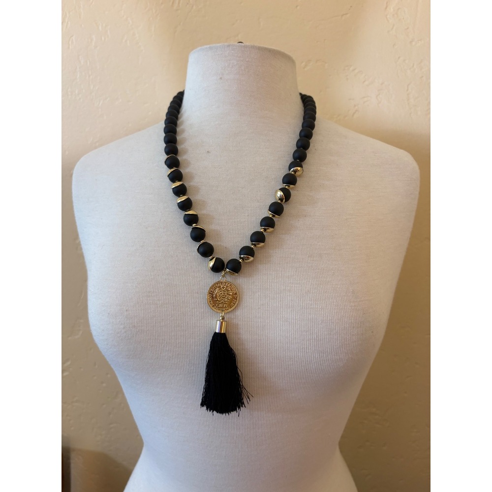 Matte Black Beaded Tassel Necklace Gold Coin Pendant Peruvian Soles Statement